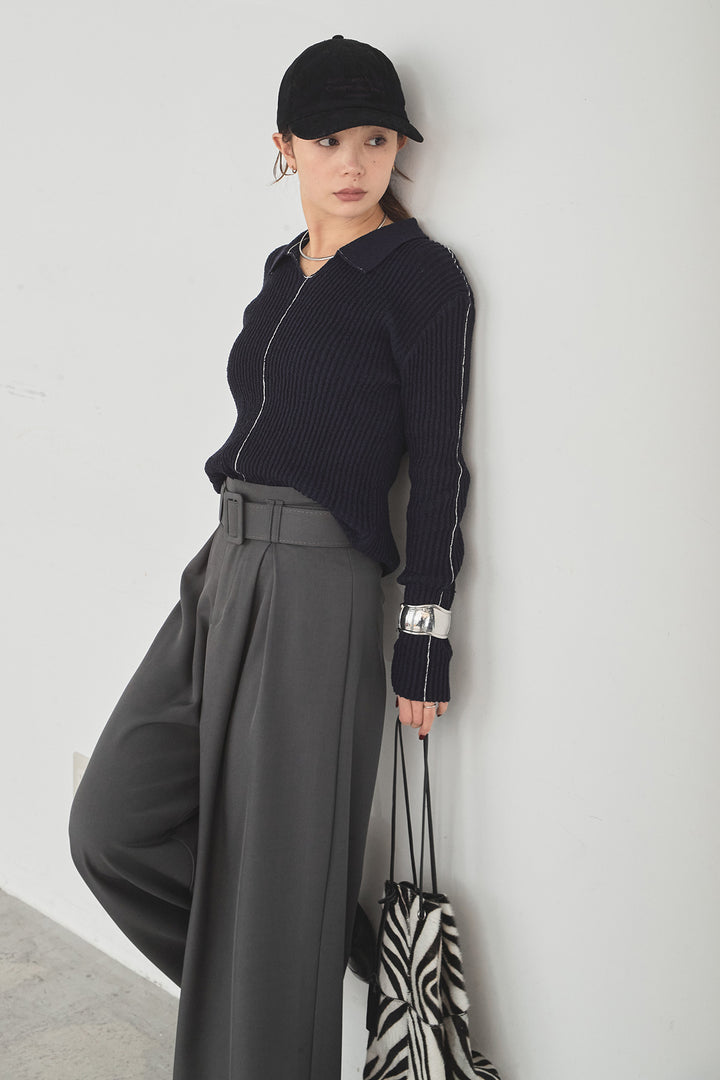 [SET]衿付きニットプルオーバー+ベルト付きツータックワイドパンツ(2set)