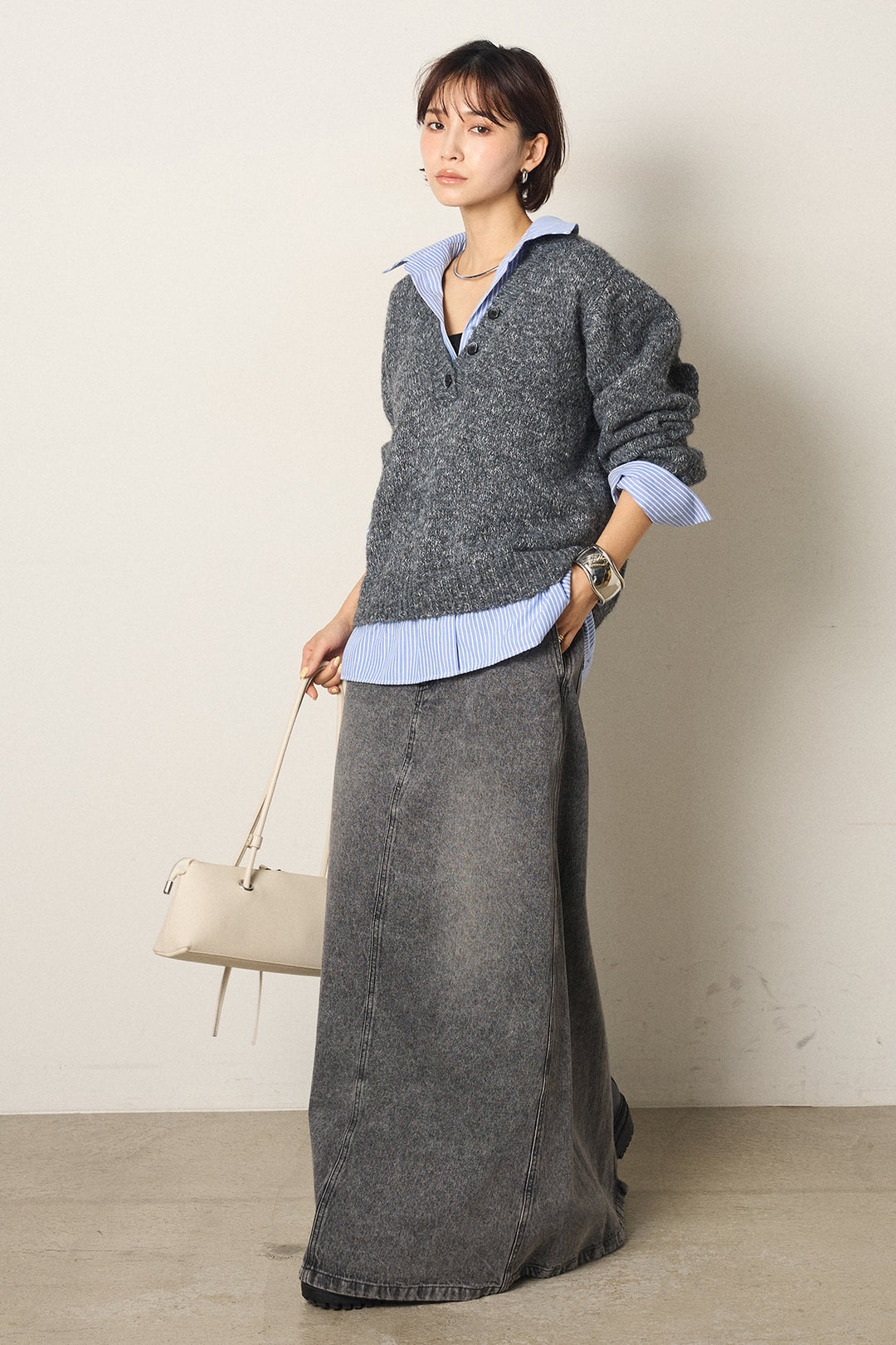 [SET]ストライプシャツドッキングニットポロトップス+デニムロングフレアスカート(2set)