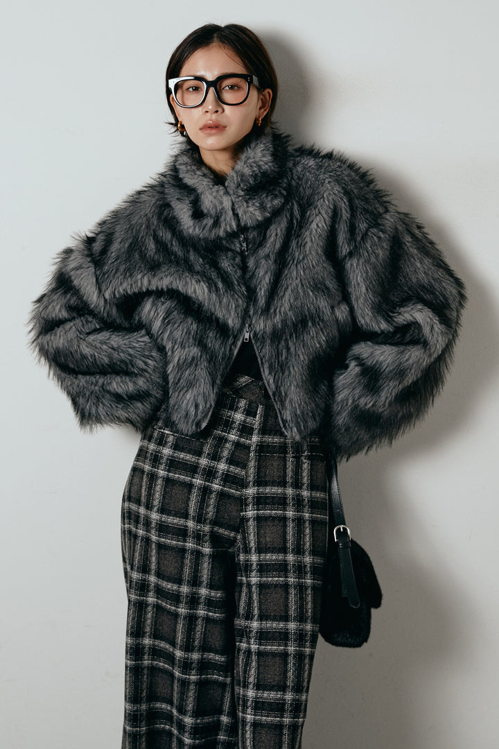 [SET]エコファーショート丈ブルゾン+ルーズタータンチェックワイドパンツ(2set)