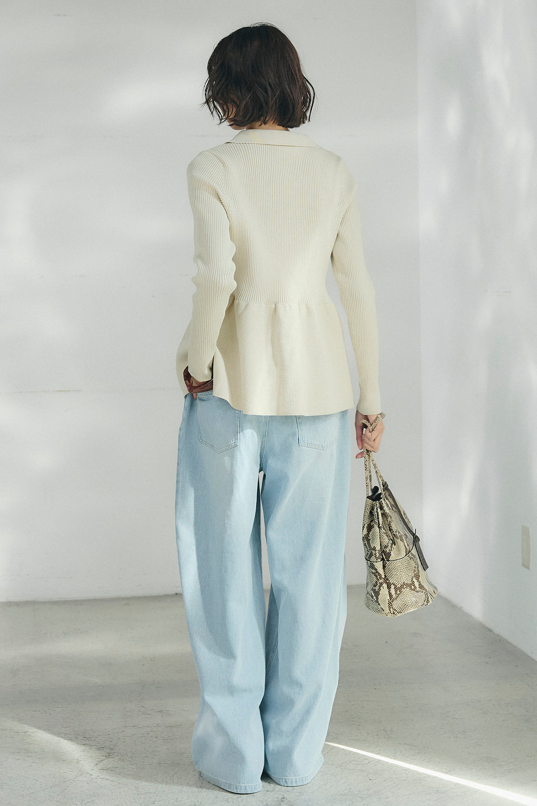 [SET]スキッパーペプラムニット+ウエスト裁ち切りデニムワイドパンツ(2set)