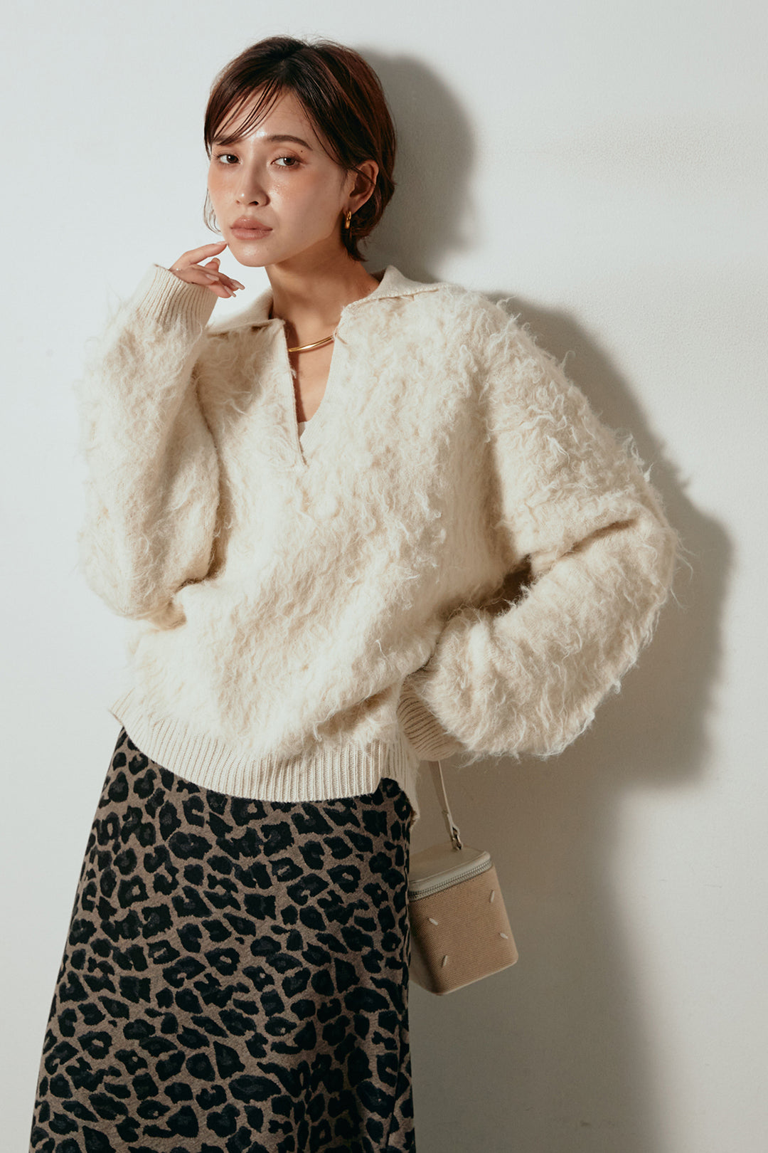 [SET]襟付きシャギーニットポロトップス+レオパードロングスカート(2set)