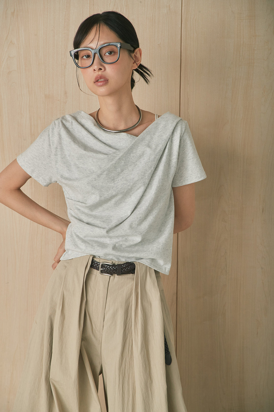 [SET]綿天竺半袖オフショルTシャツ+ニーサイドタックボリュームカーブパンツ(2set)