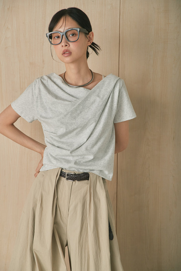 [SET]綿天竺半袖オフショルTシャツ+ニーサイドタックボリュームカーブパンツ(2set)