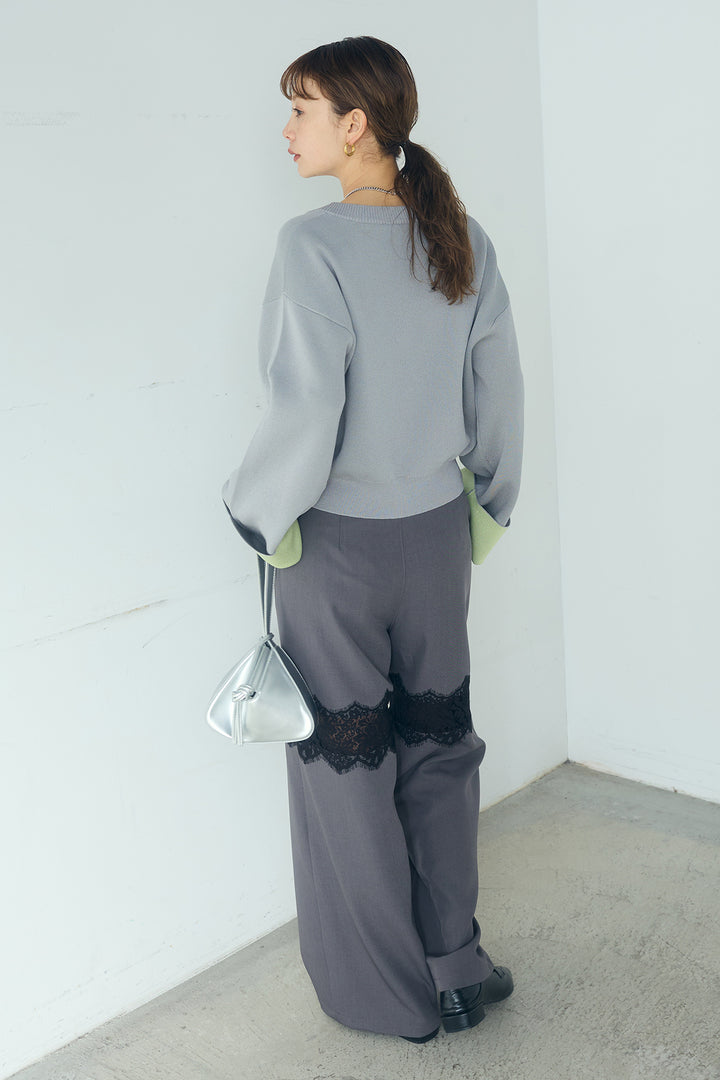 [SET]レーヨンポリダブルフェイスカーディガン+レース刺繍切替ワイドパンツ(2set)