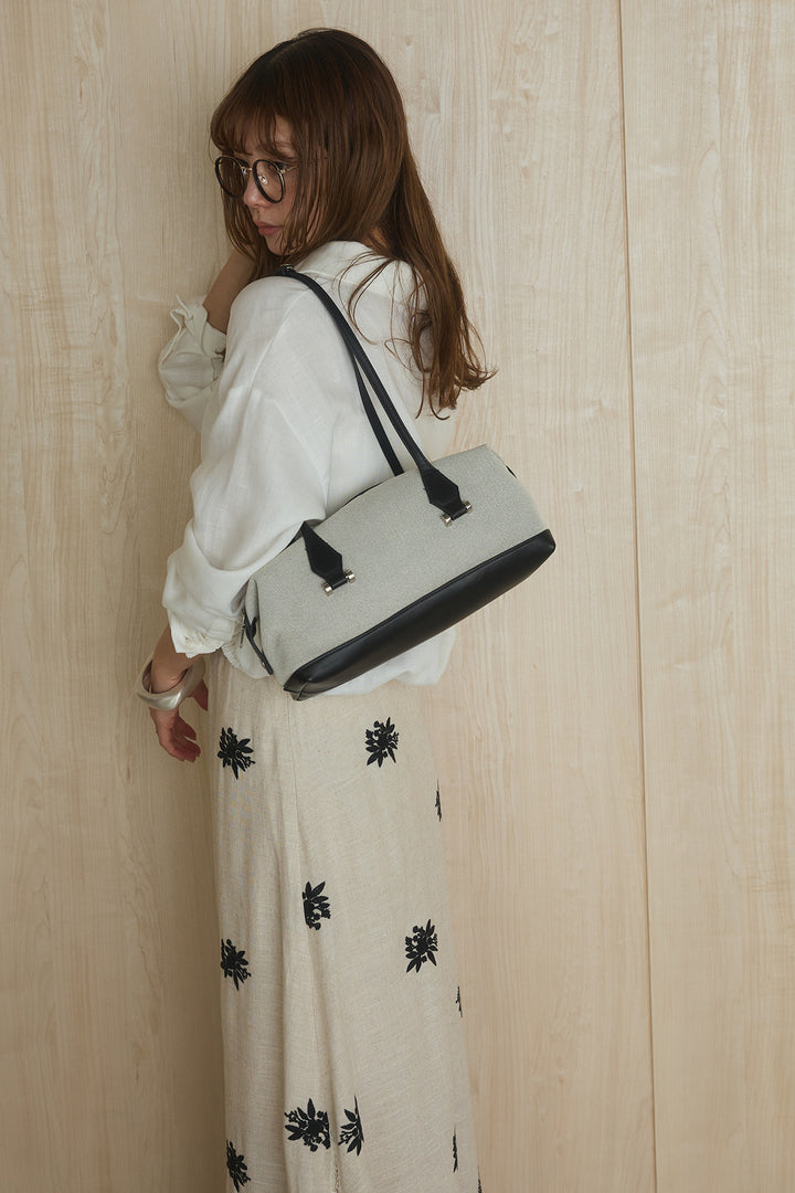 [SET]麻混襟付きトップス+レースコンビフラワー刺繍柄スカート(2set)