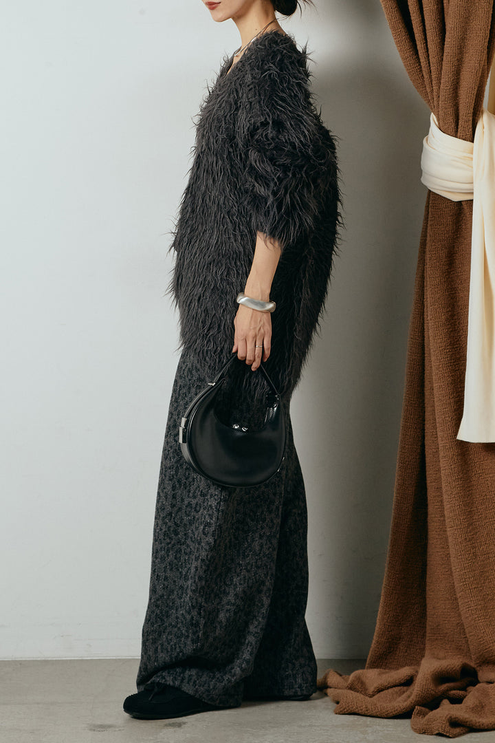 [SET]深Vネックシャギーニットトップス+リラックスレオパード柄ワイドパンツ(2set)