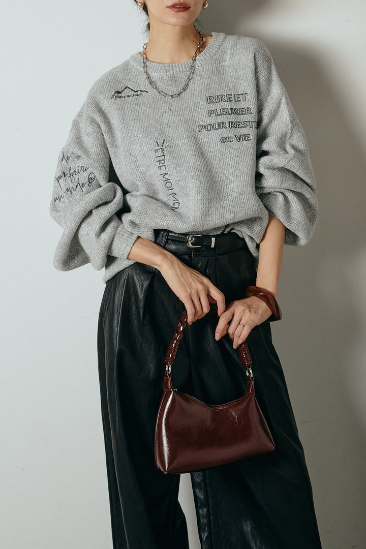 [SET]刺繍ロゴランダムデザインニットトップス+ベルト付きレザーライクタックパンツ(2set)