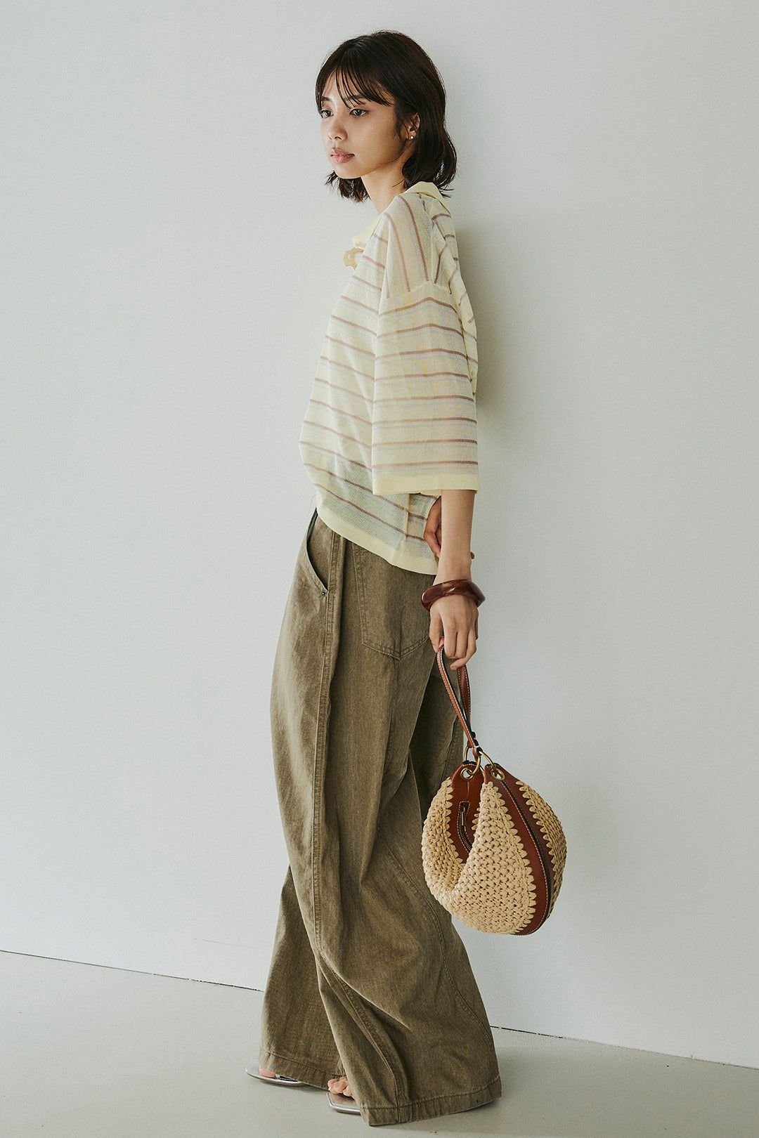 [SET]ボーダーニットポロシャツ+サイドベルトカーブワイドパンツ(2set)