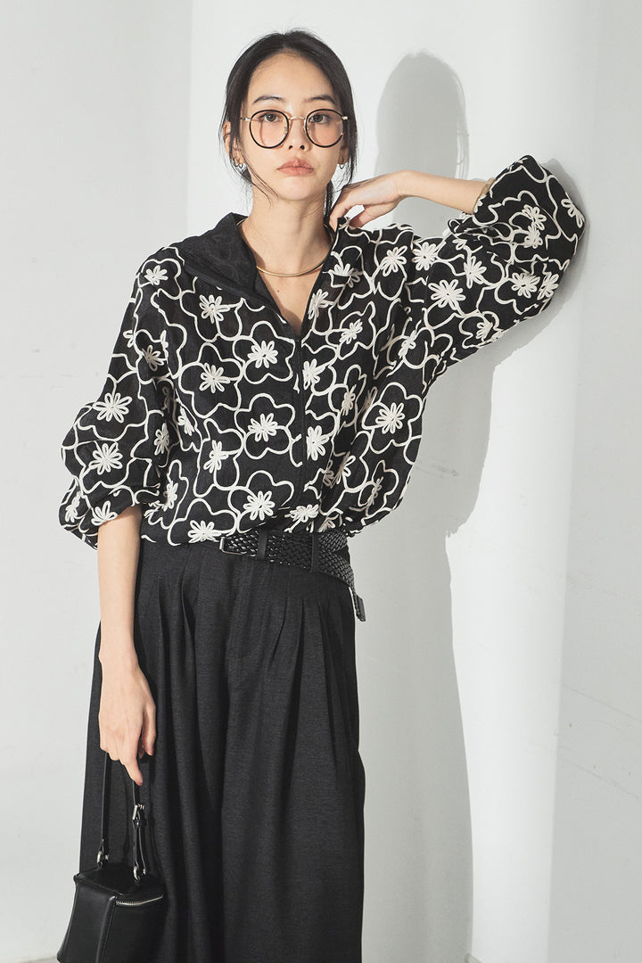 [SET]シアーフラワーフードブルゾン+編みベルト付きウエストタックワイドパンツ(2set)