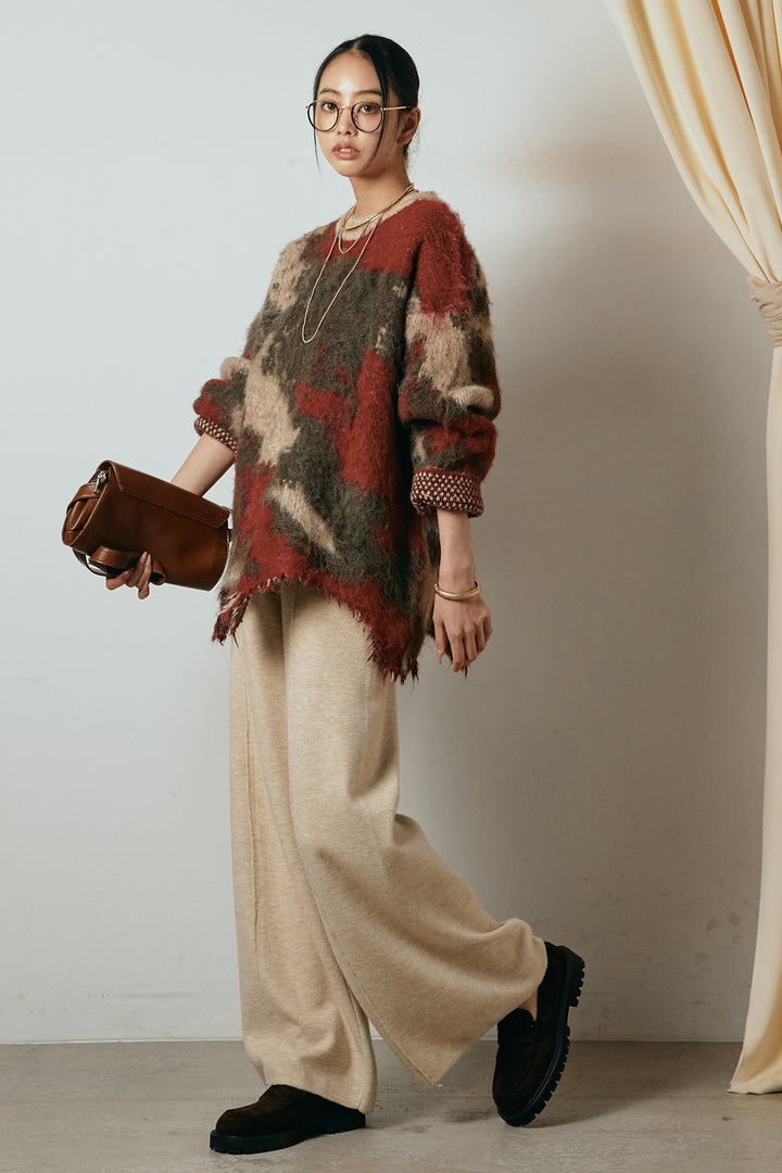 [SET]起毛裾デザインニュアンス柄ニットトップス+センターラインニットパンツ(2set)