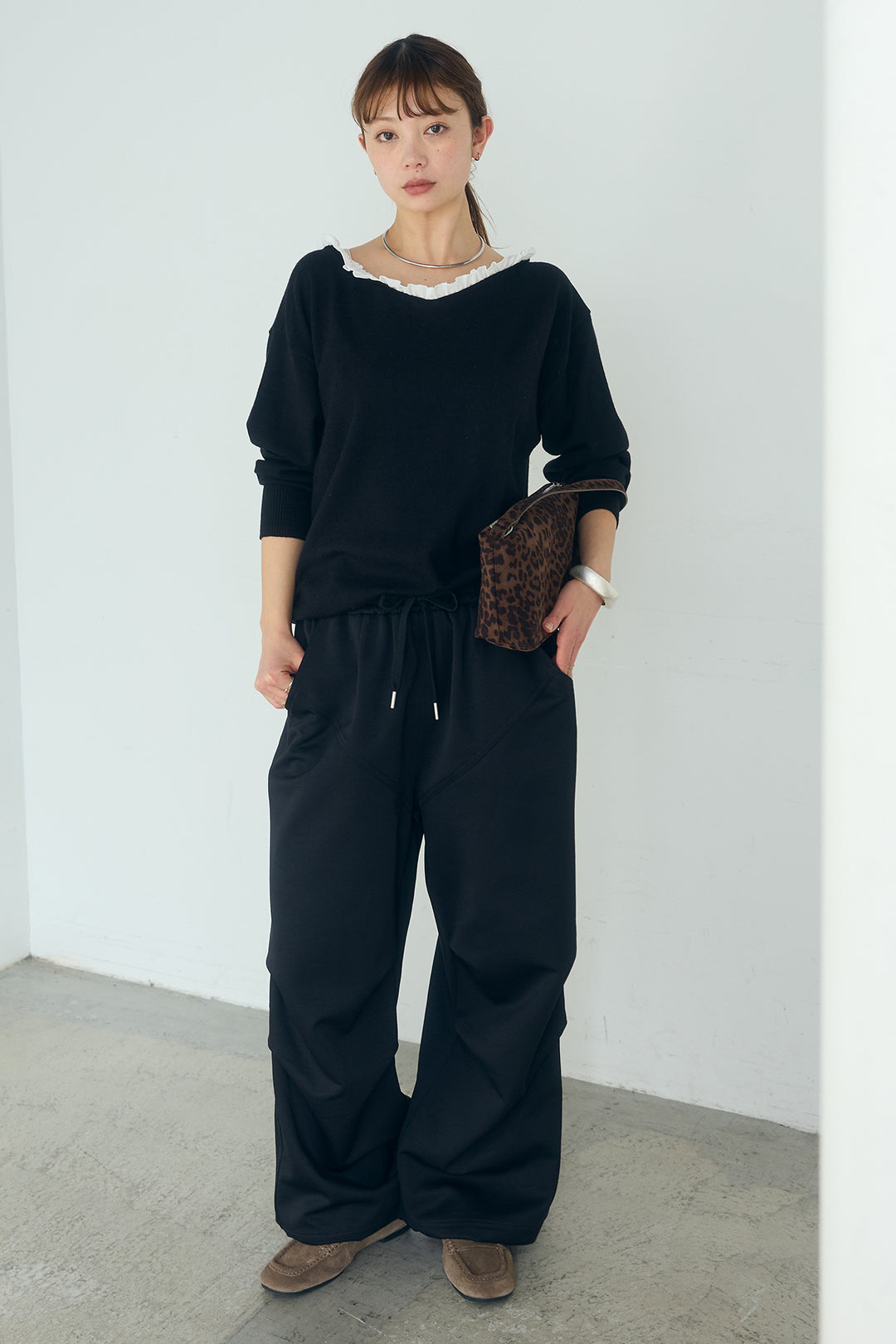 [SET]クールクール異素材コンビオフショルプルオーバー+ランダムタックデザインワイドパンツ(2set)