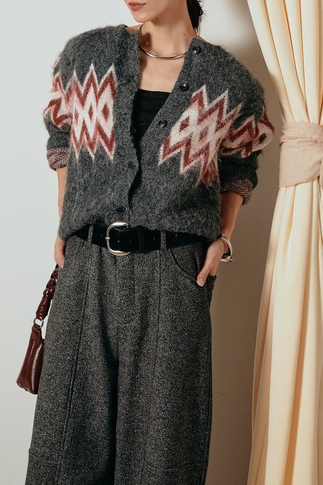 [SET]起毛ノルディック柄ニットカーディガン+太ベルト付きツイードワイドパンツ(2set)