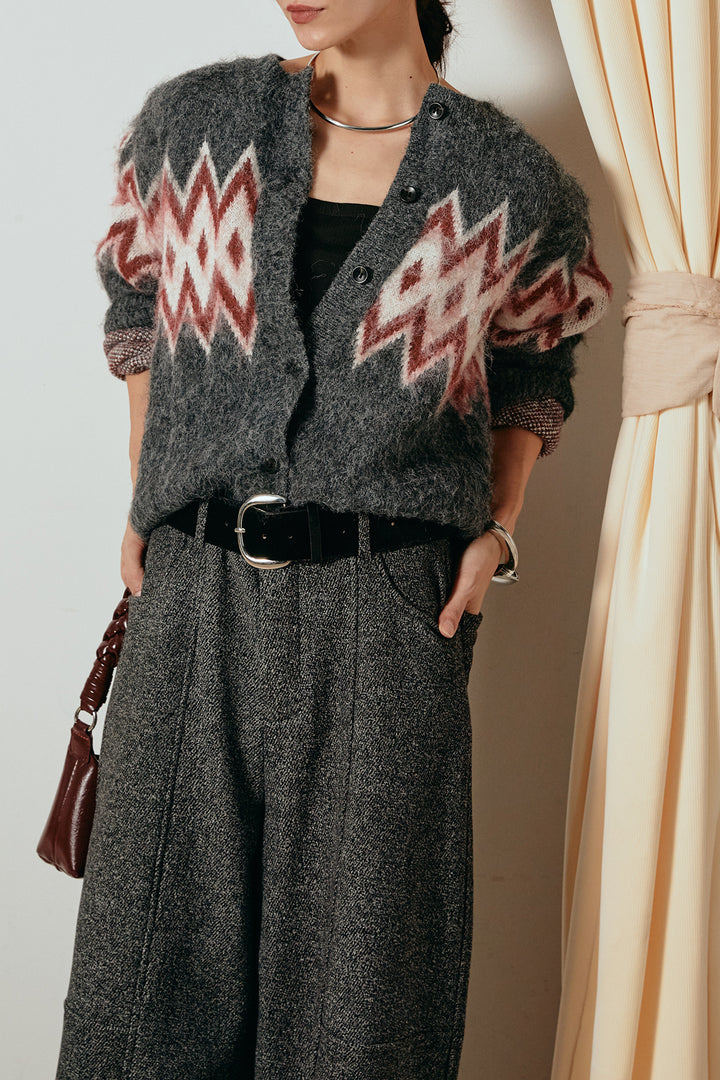 [SET]起毛ノルディック柄ニットカーディガン+太ベルト付きツイードワイドパンツ(2set)