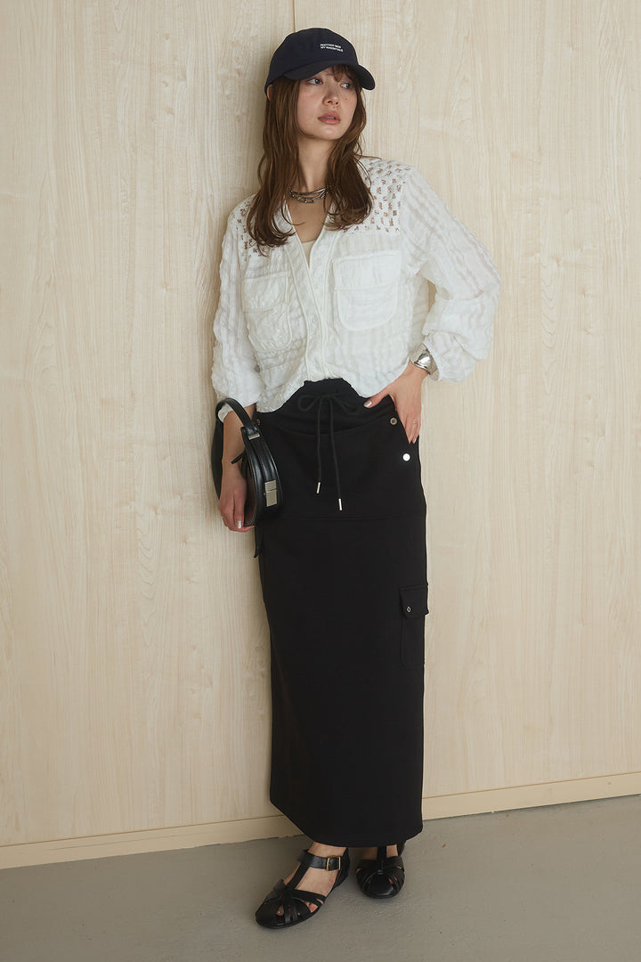 [SET]異素材切替シアーメッシュカーディガン+ドットボタン付きカットタイトスカート(2set)