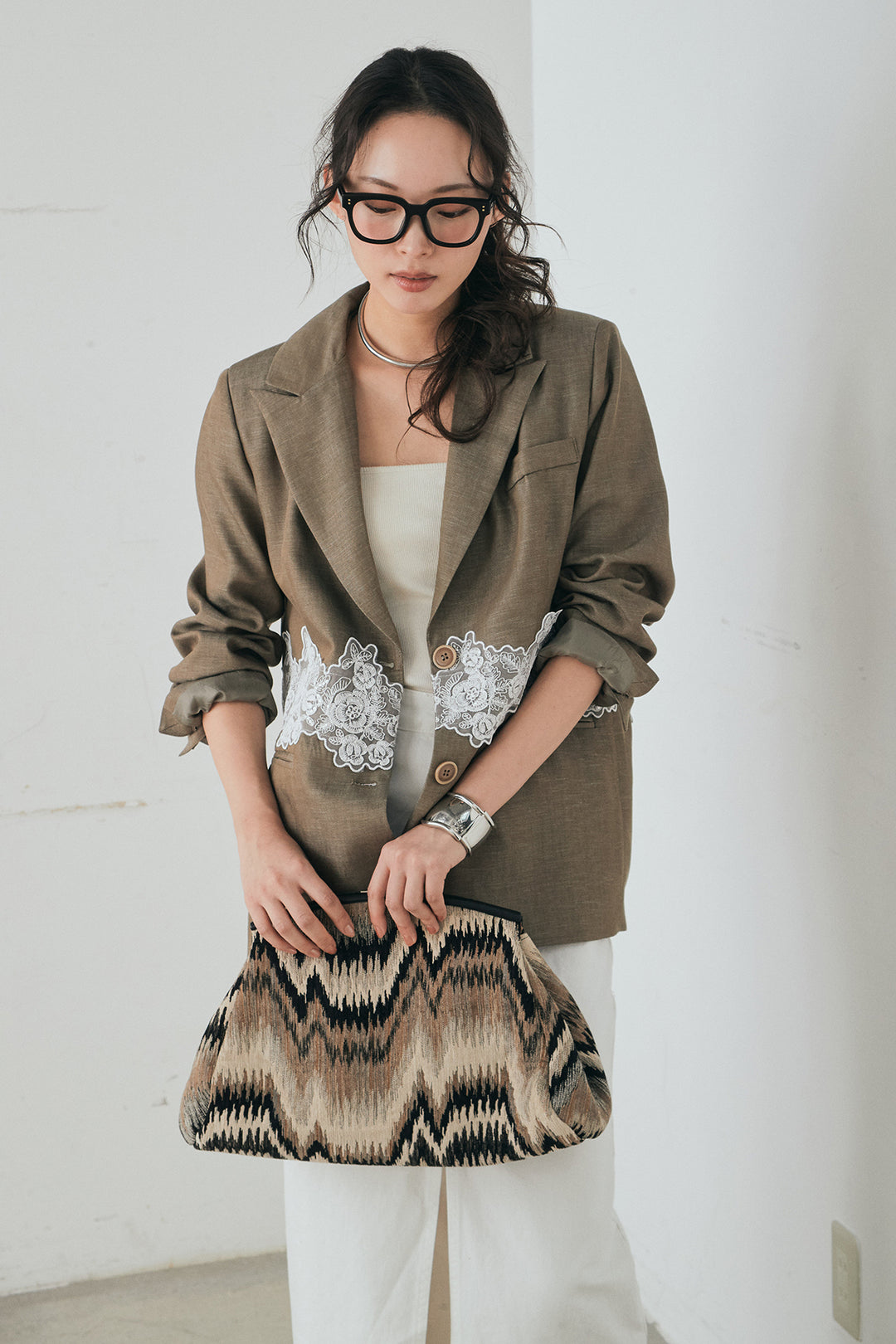 [SET]リネンタッチレースデザインジャケット+裾レースデザインデニムスカート(2set)