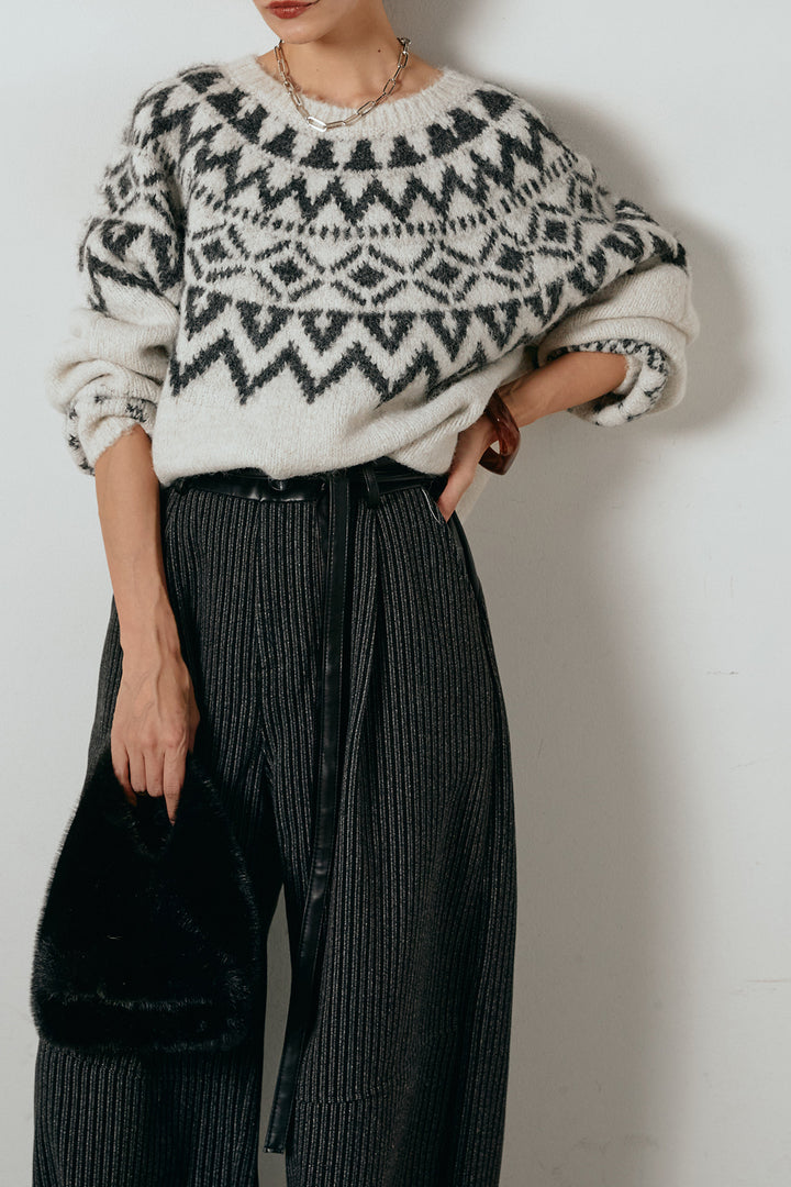 [SET]ノルディック柄Uネックプルオーバー+レザーライク配色ストライプパンツ(2set)