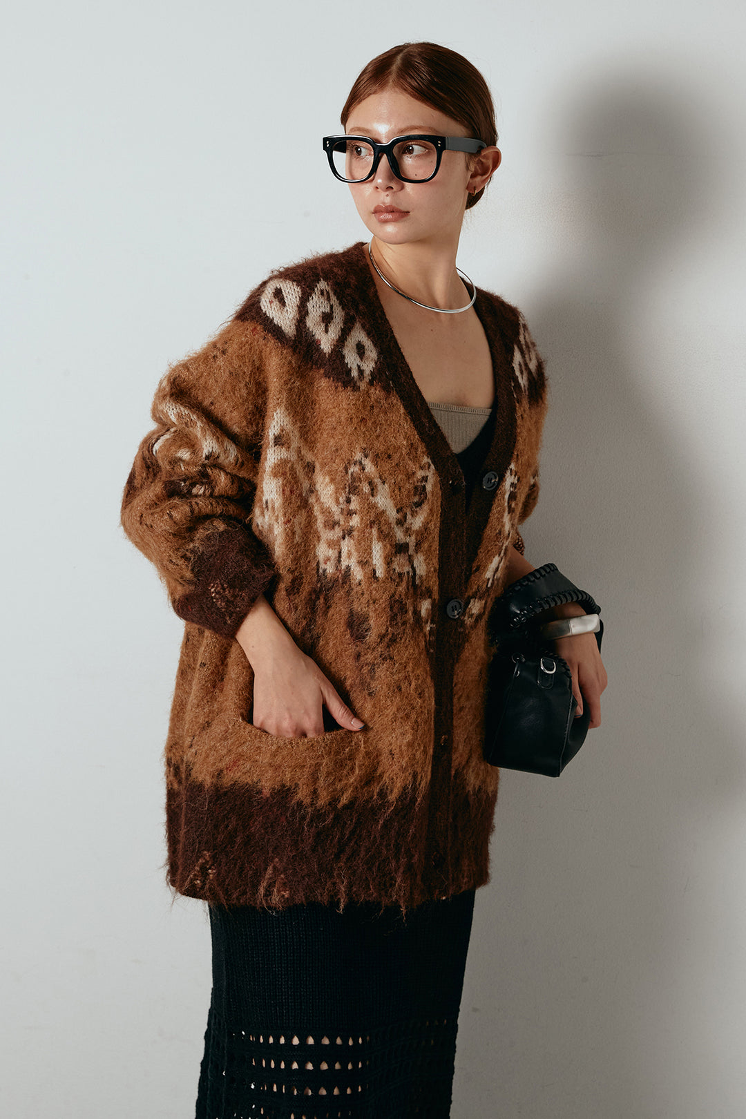 [SET]シャギーニュアンス柄ニットカーディガン+裾透かし編みキャミソールニットワンピース(2set)