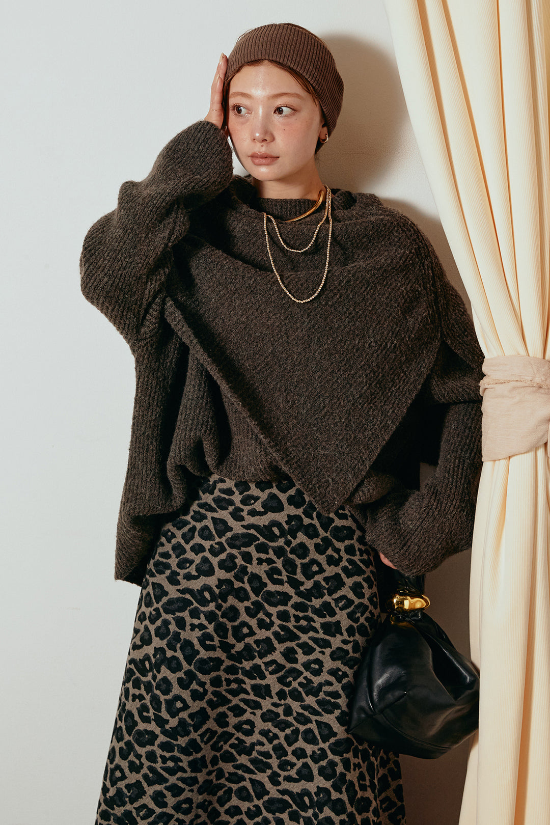 [SET]ケープデザインリブニットトップス+レオパードロングスカート(2set)