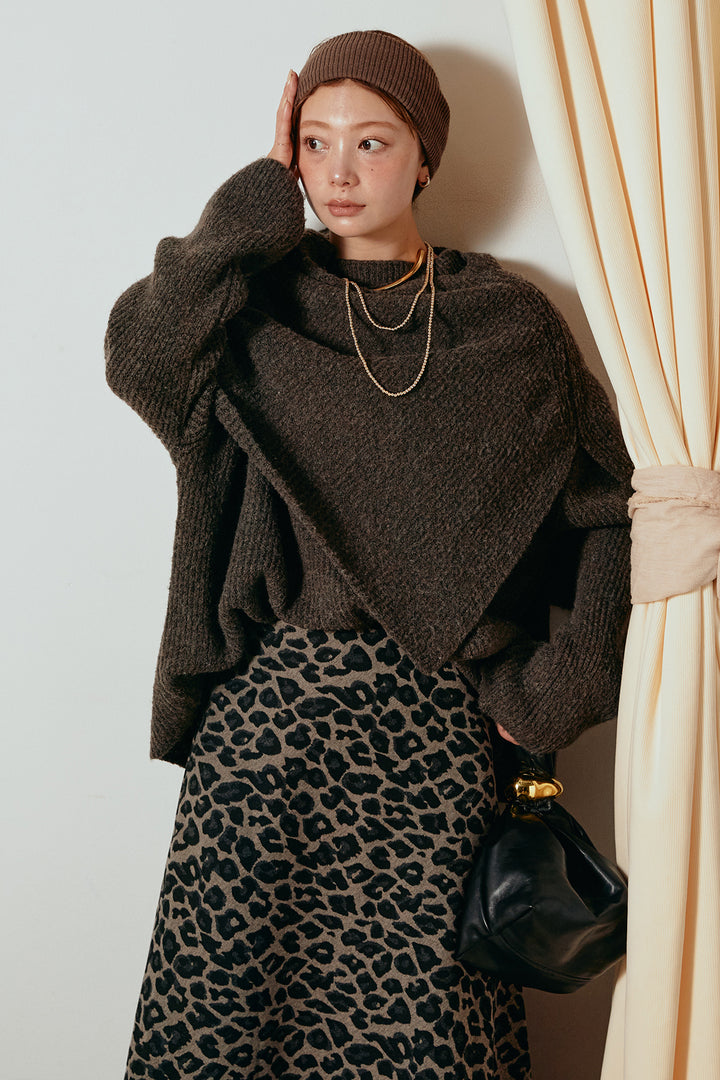 [SET]ケープデザインリブニットトップス+レオパードロングスカート(2set)