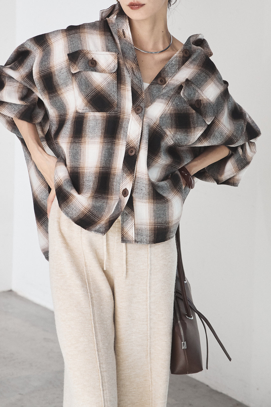 [SET]オンブレーチェックビッグシルエットCPOシャツ+センターラインニットパンツ(2set)