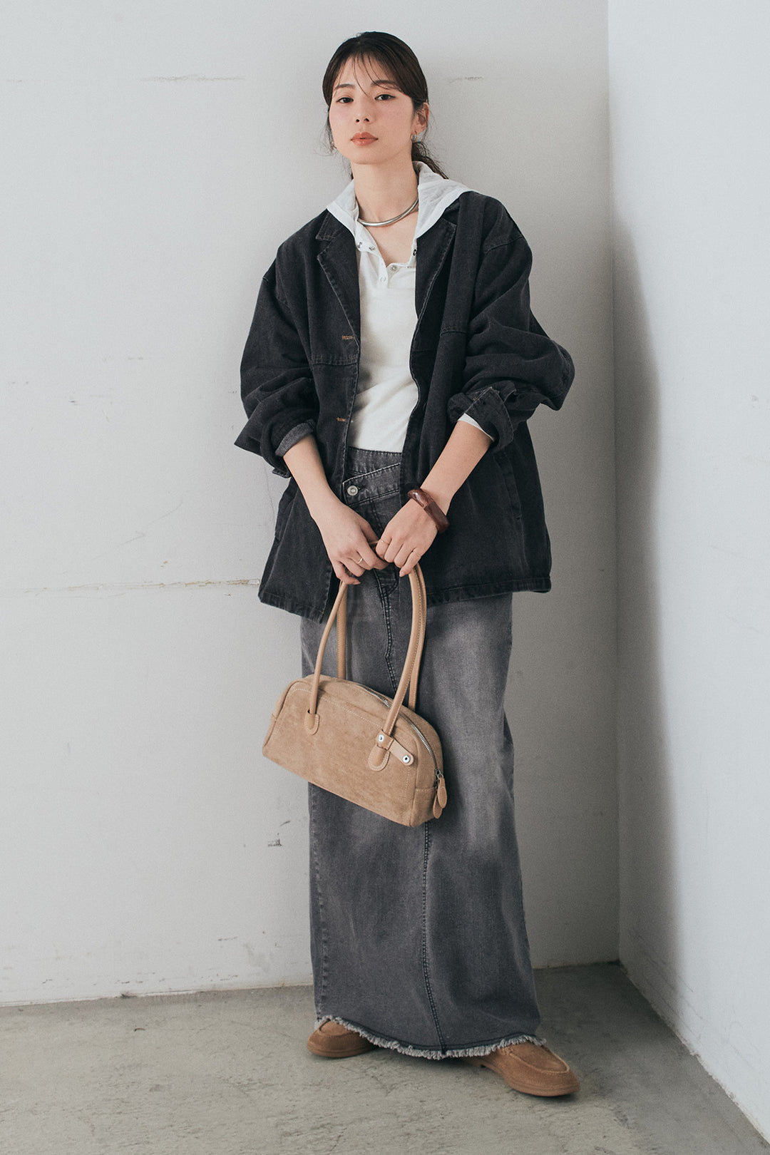 [SET]オーバーデニムジャケット+ウエストクロスデニムタイトスカート+シアーリブフーディプルオーバー(3set)