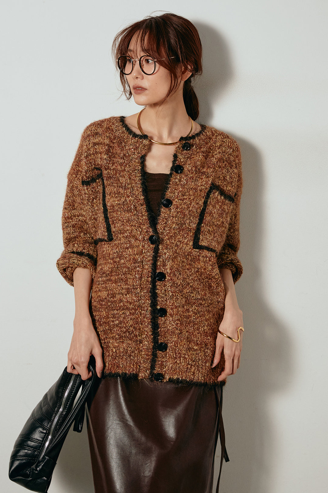 [SET]ミックスニットポケットカーディガン+紐付きフェイクレザーワイドスカート(2set)