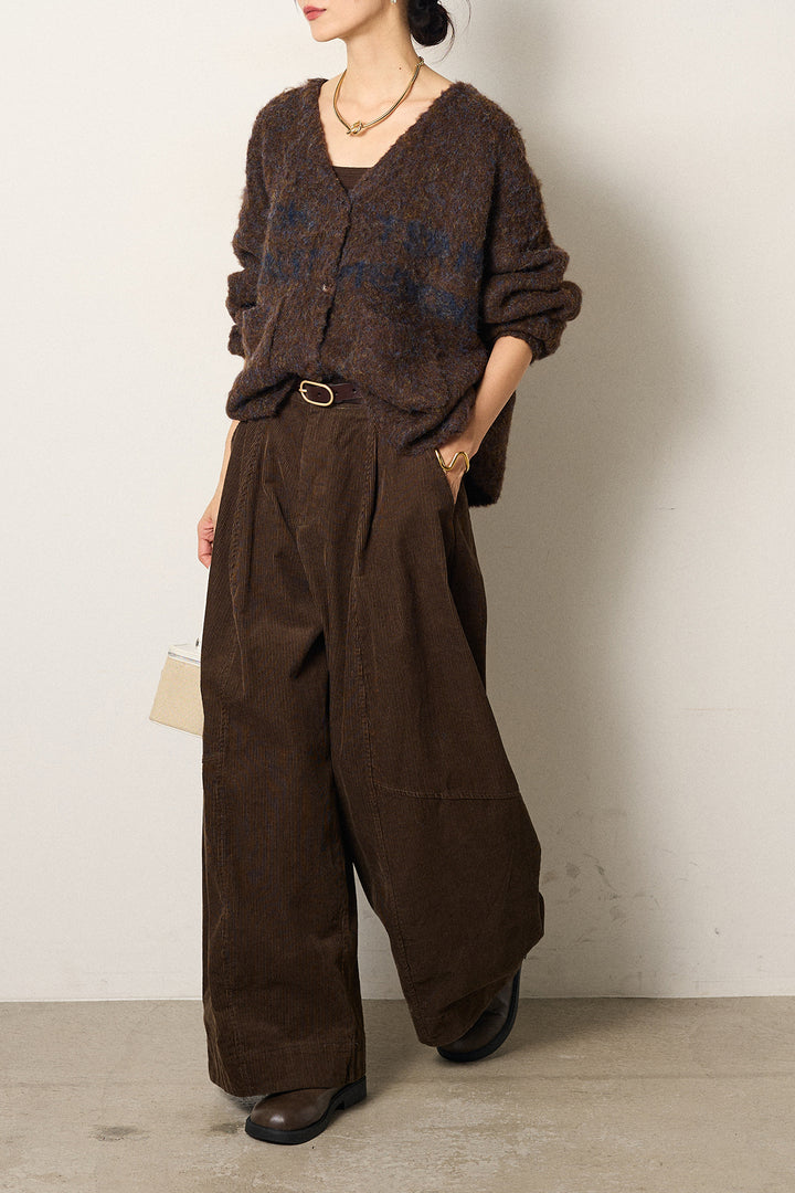 [SET]ウール混透かしロゴニットカーディガン+タック入りコーデュロイワイドパンツ(2set)