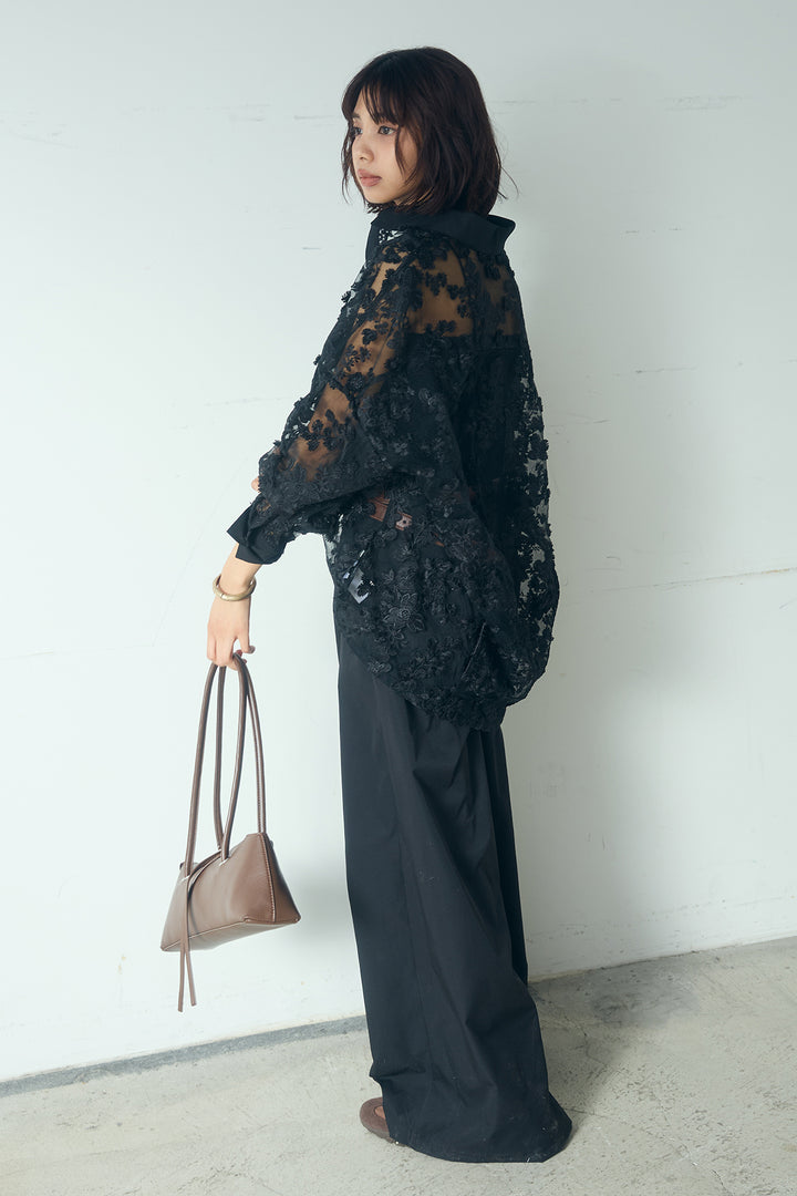 [SET]立体フラワー刺繍レースシャツ+ベルトループデザインハイウエストタックパンツ(2set)