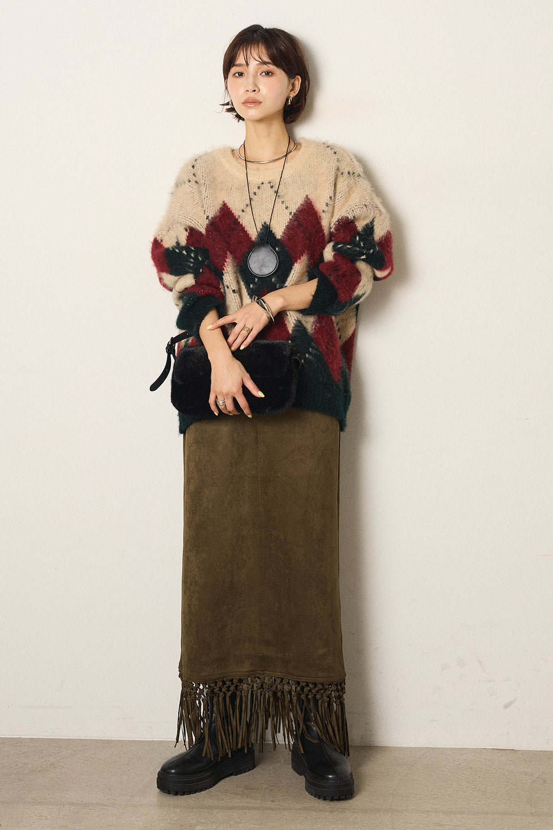 [SET]配色アーガイル柄ニットトップス+スウェードライク裾フリンジスカート(2set)