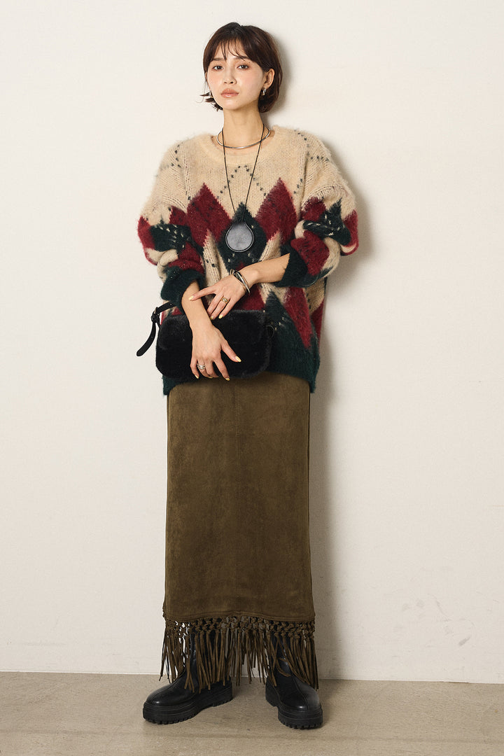 [SET]配色アーガイル柄ニットトップス+スウェードライク裾フリンジスカート(2set)