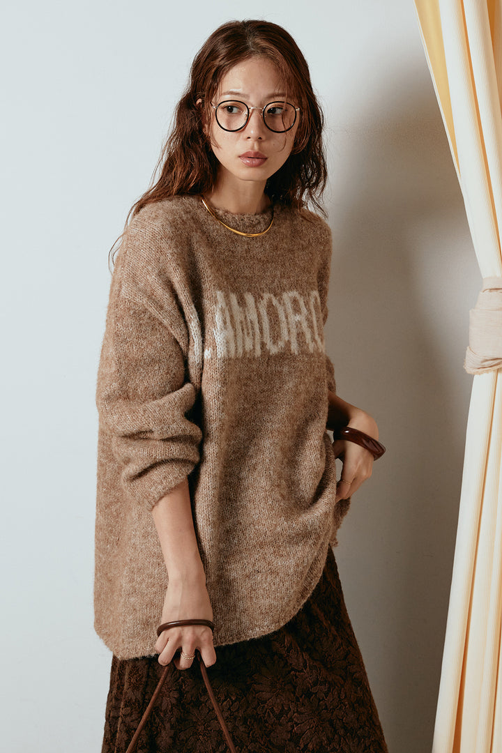 [SET]フロントロゴデザインニットトップス+花柄刺繍ベロアフレアスカート(2set)