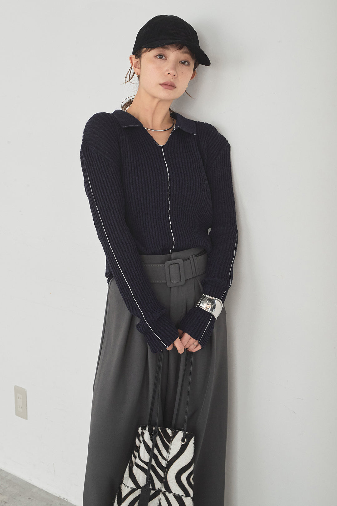 [SET]衿付きニットプルオーバー+ベルト付きツータックワイドパンツ(2set)