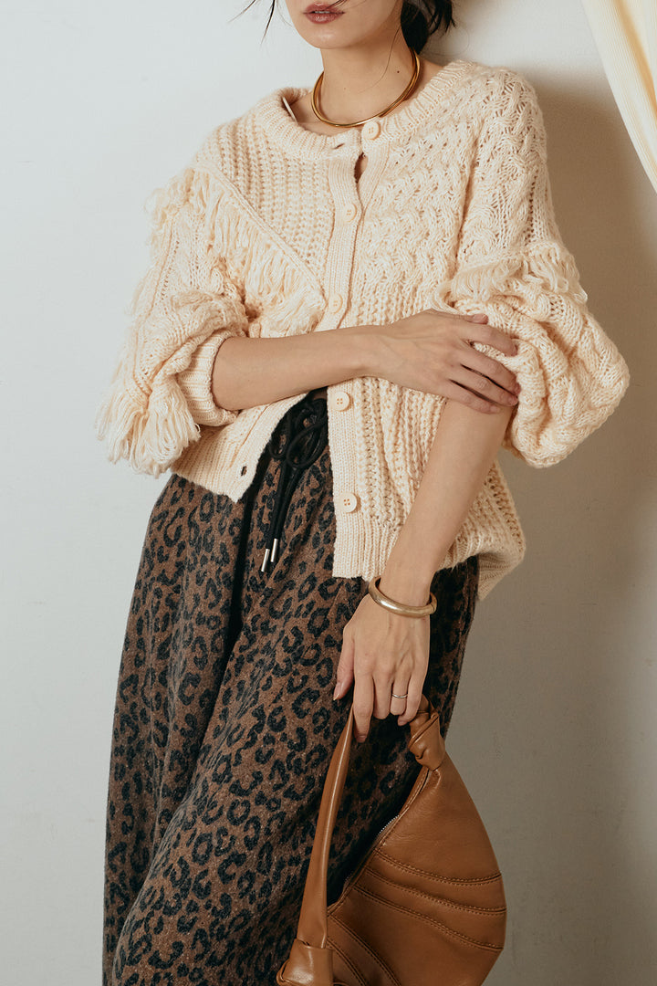 [SET]ランダムフリンジニットカーディガン+リラックスレオパード柄ワイドパンツ(2set)