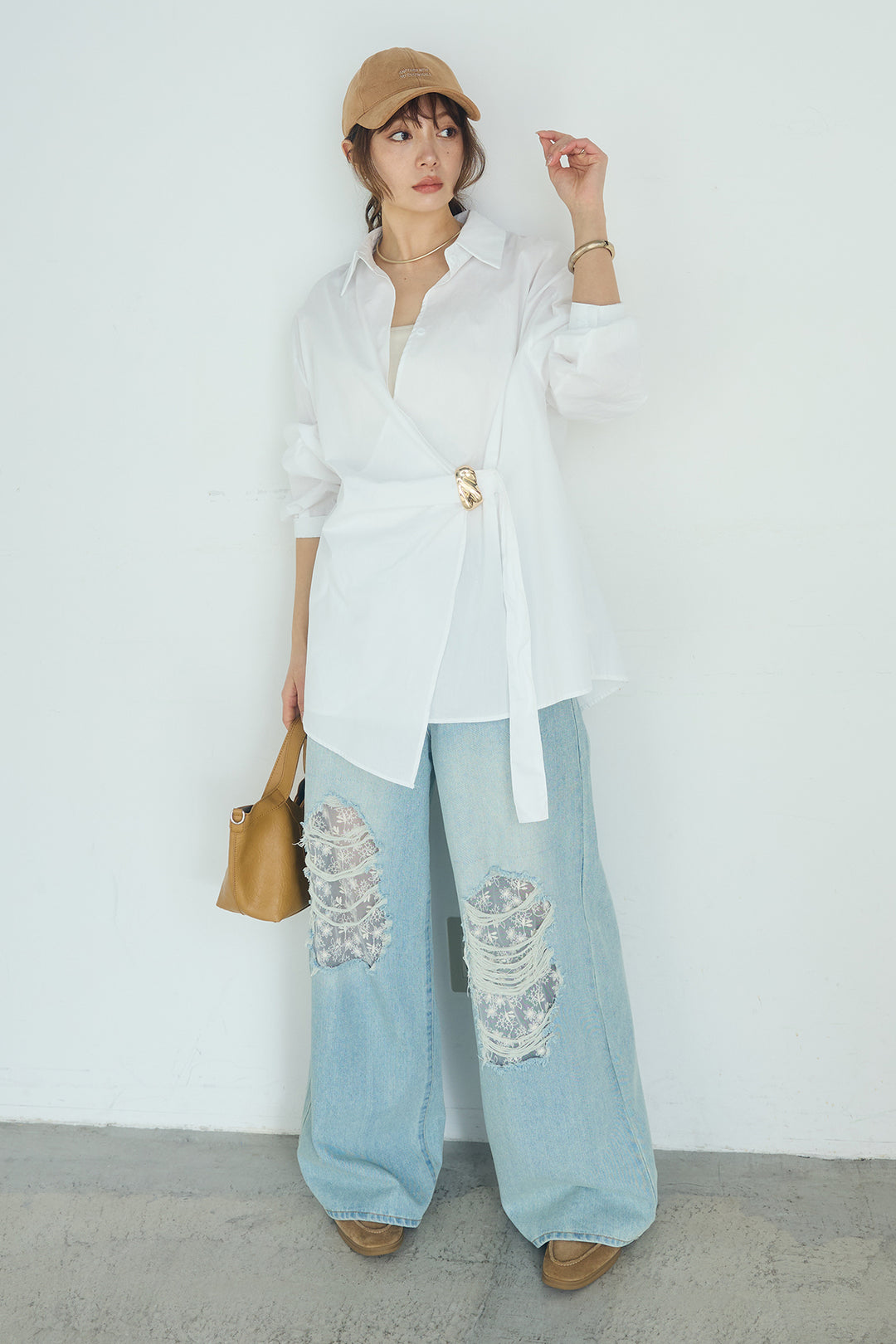 [SET]サイド留め具デザインシャツ+デニムレース付きワイドパンツ(2set)