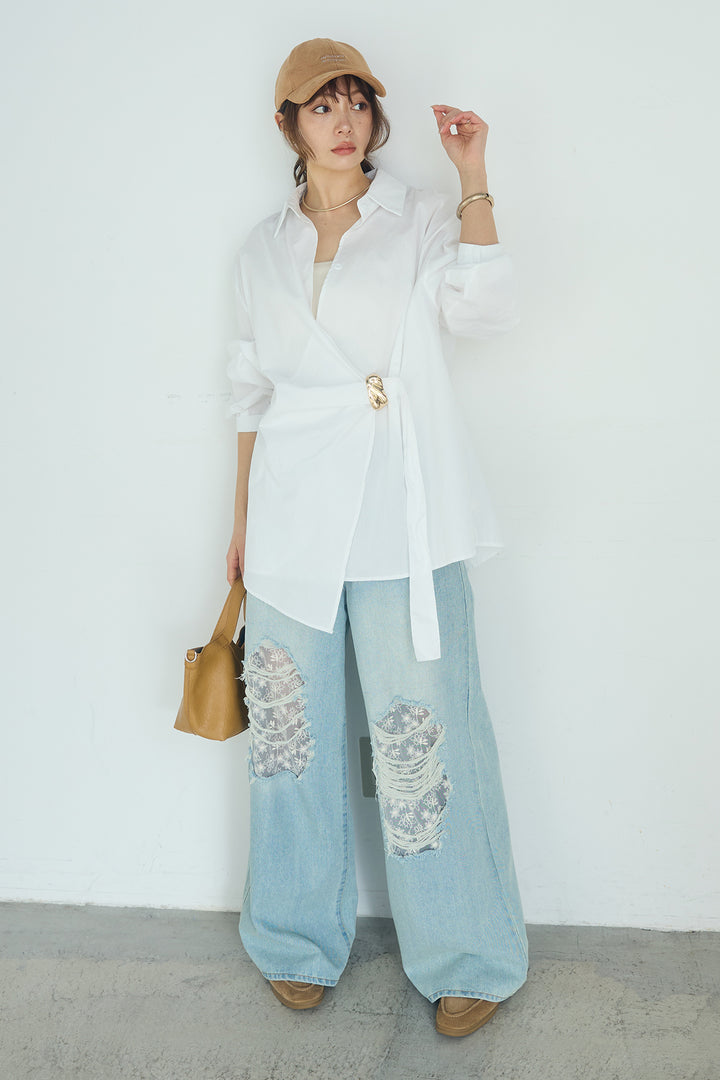 [SET]サイド留め具デザインシャツ+デニムレース付きワイドパンツ(2set)