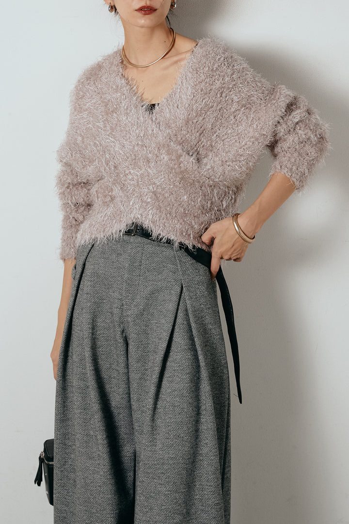 [SET]シャギークロスニットトップス+細ベルト付き起毛タックワイドパンツ(2set)