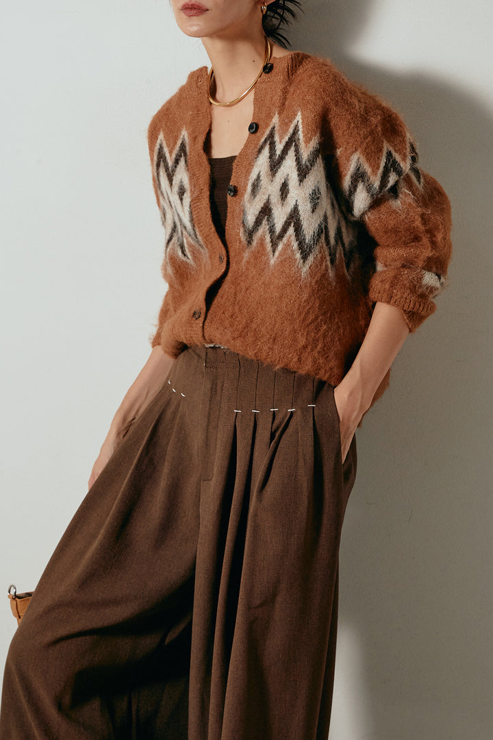 [SET]起毛ノルディック柄ニットカーディガン+ウエストステッチデザインワイドスラックス(2set)