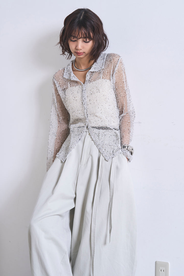 [SET]ネップメッシュポロ襟カーディガン+紐ベルト付きカーブワイドパンツ(2set)