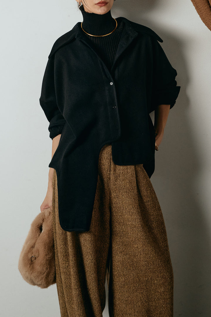 [SET]裾アシンメトリーデザインシャツ+タックツイードワイドパンツ+リブニットシームレスタートルプルオーバー(3set)