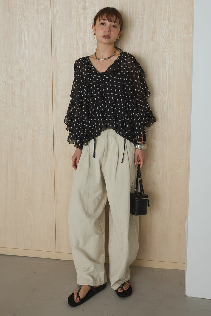 [SET]ドットフリル長袖ブラウス+コットンポリツータックセンターシームカーブパンツ(2set)