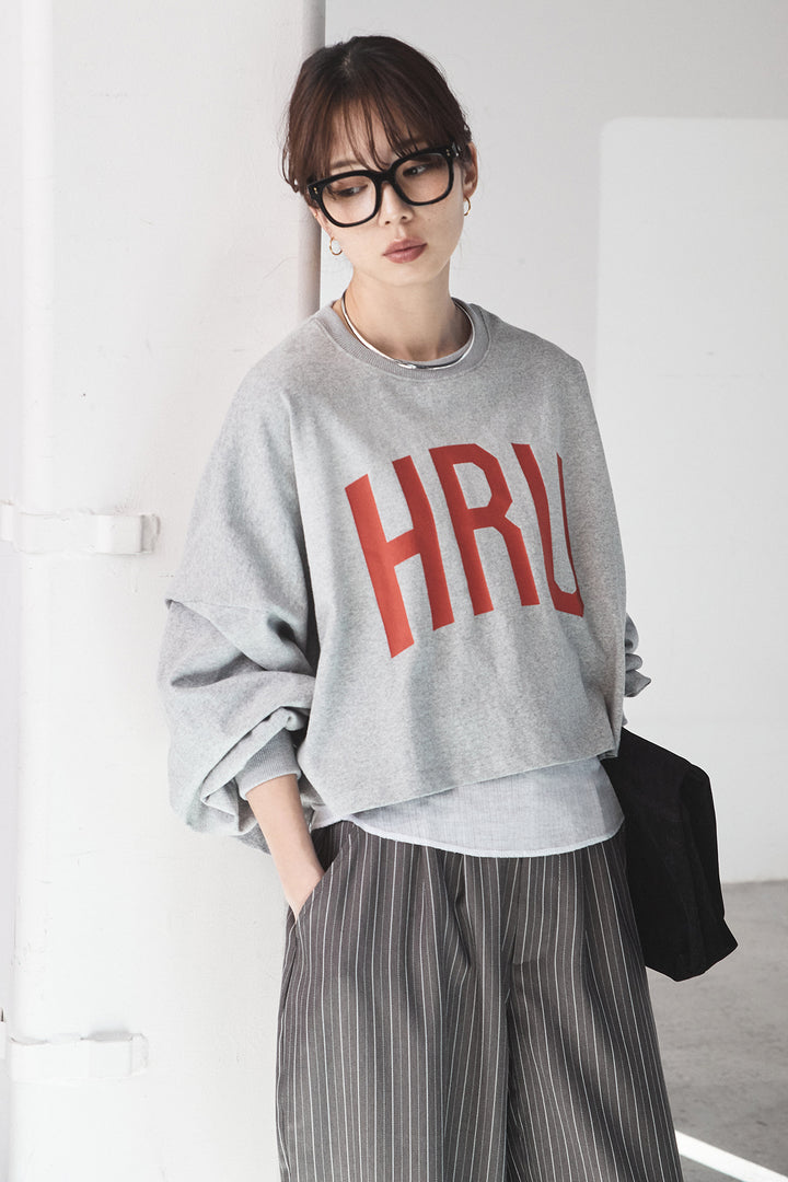 [SET]ビッグロゴHRU袖ボリュームトップス+ヘリンボーンストライプツータックパンツ(2set)