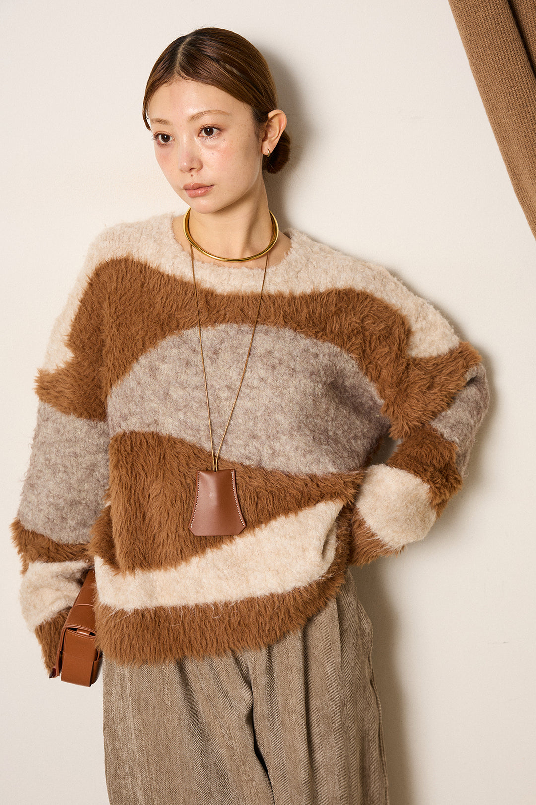 [SET]シャギーウェーブ柄クルーネックニットトップス+かすれデザインワイドパンツ(2set)