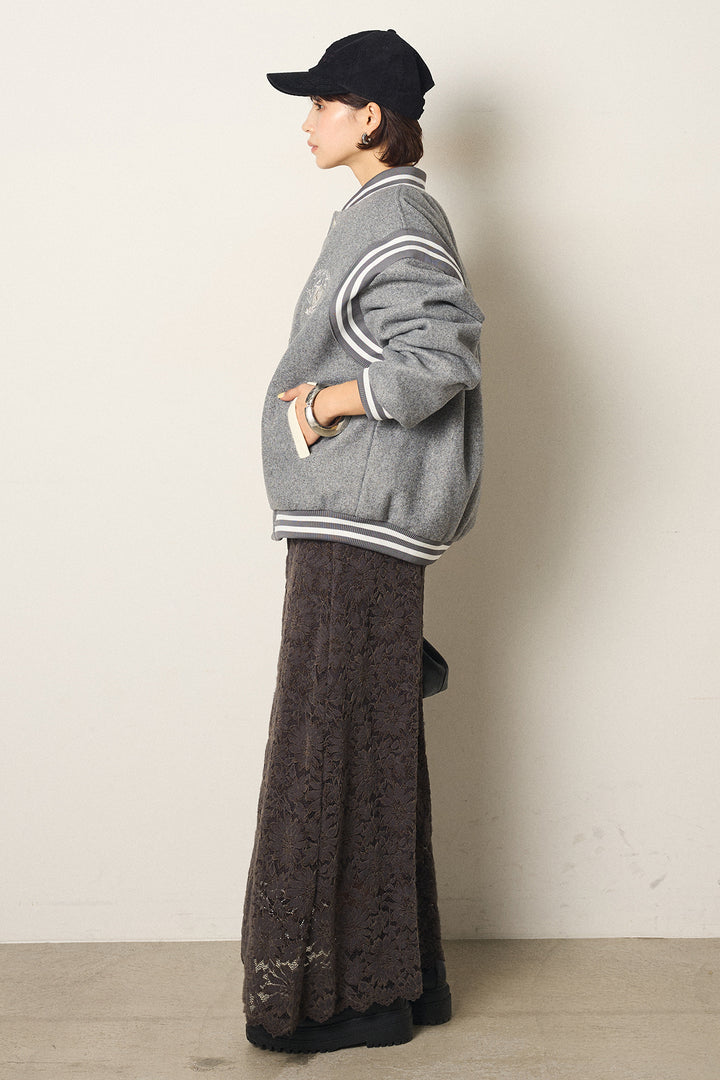 [SET]ワンポイントデザインブルゾン+花柄刺繍ベロアフレアスカート(2set)