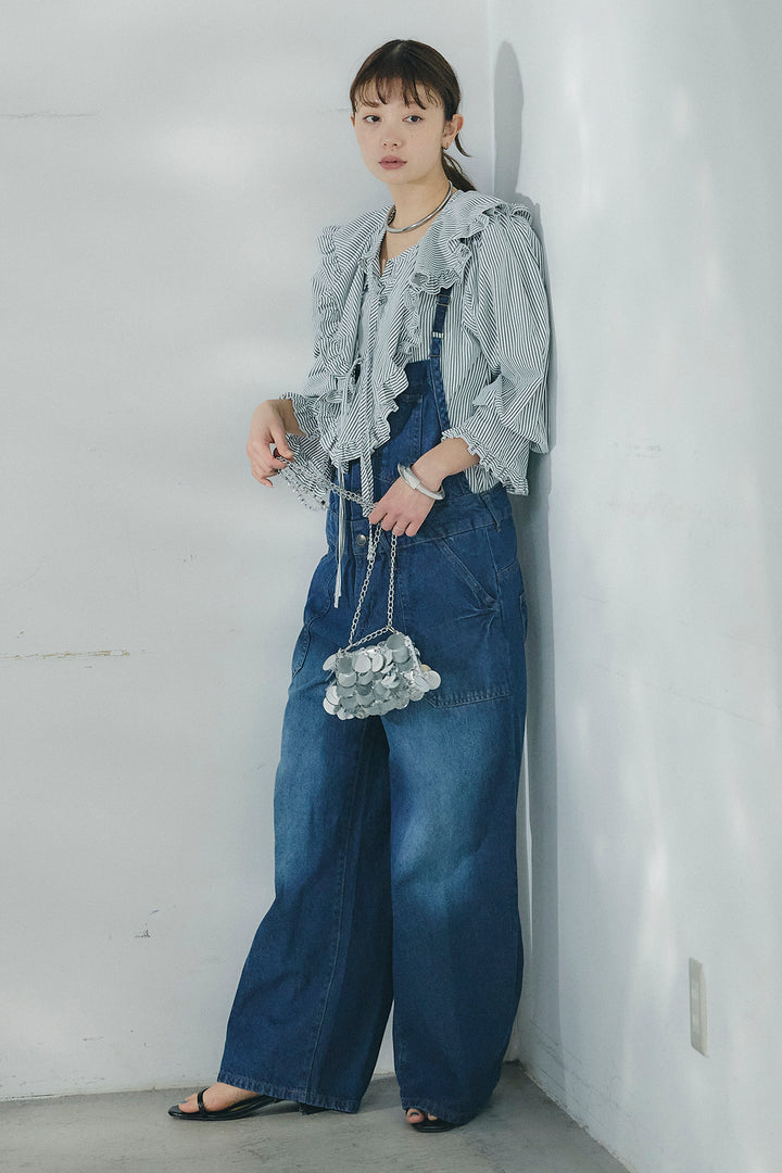 [SET]コットンフリルブラウス+デニムサロペットワイドパンツ(2set)