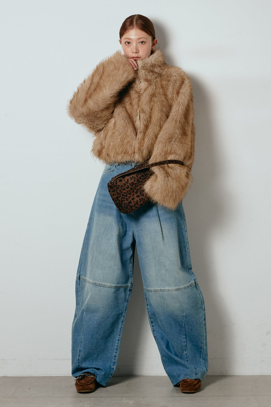 [SET]エコファーショート丈ブルゾン+加工デニムタックコクーンワイドパンツ(2set)