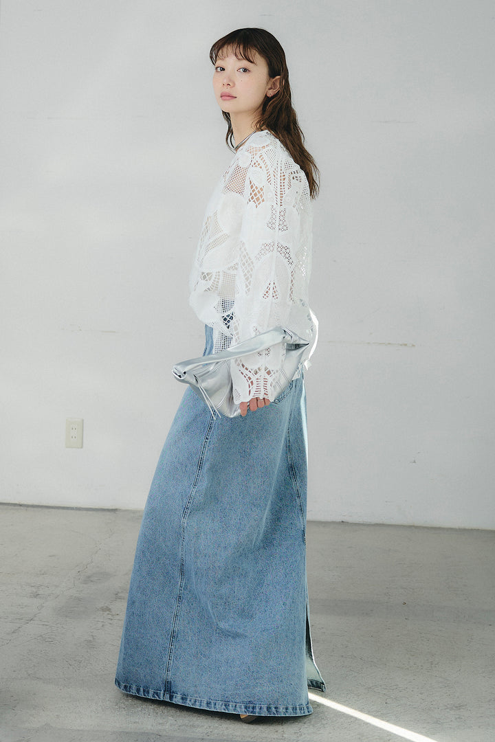 [SET]フラワー刺繍レースブラウス+デニムロングフレアスカート(2set)