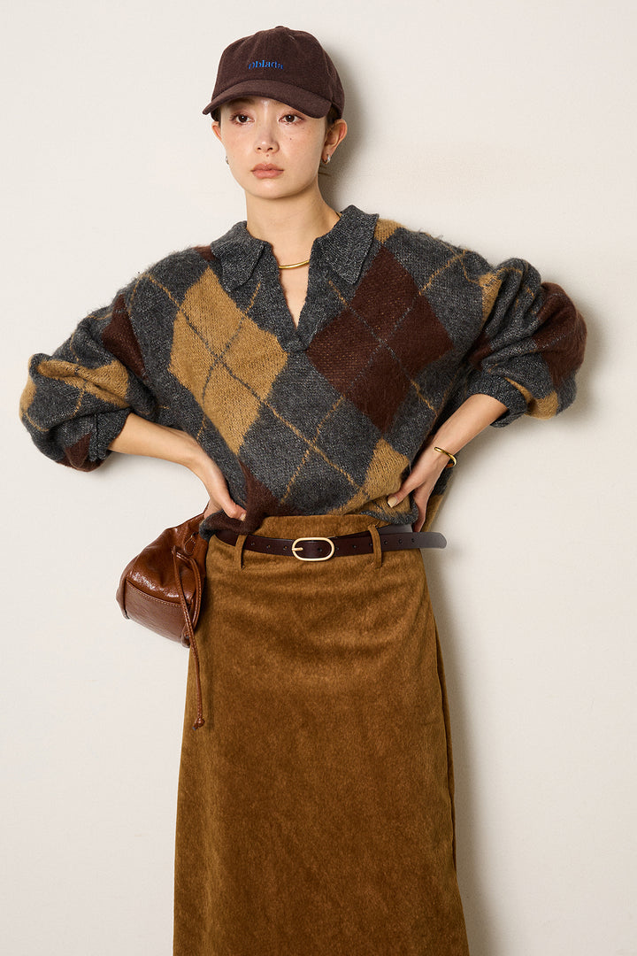 [SET]アクリルモヘアアーガイルキーネックプルオーバー+ロープベルト付きスウェード調スカート(2set)