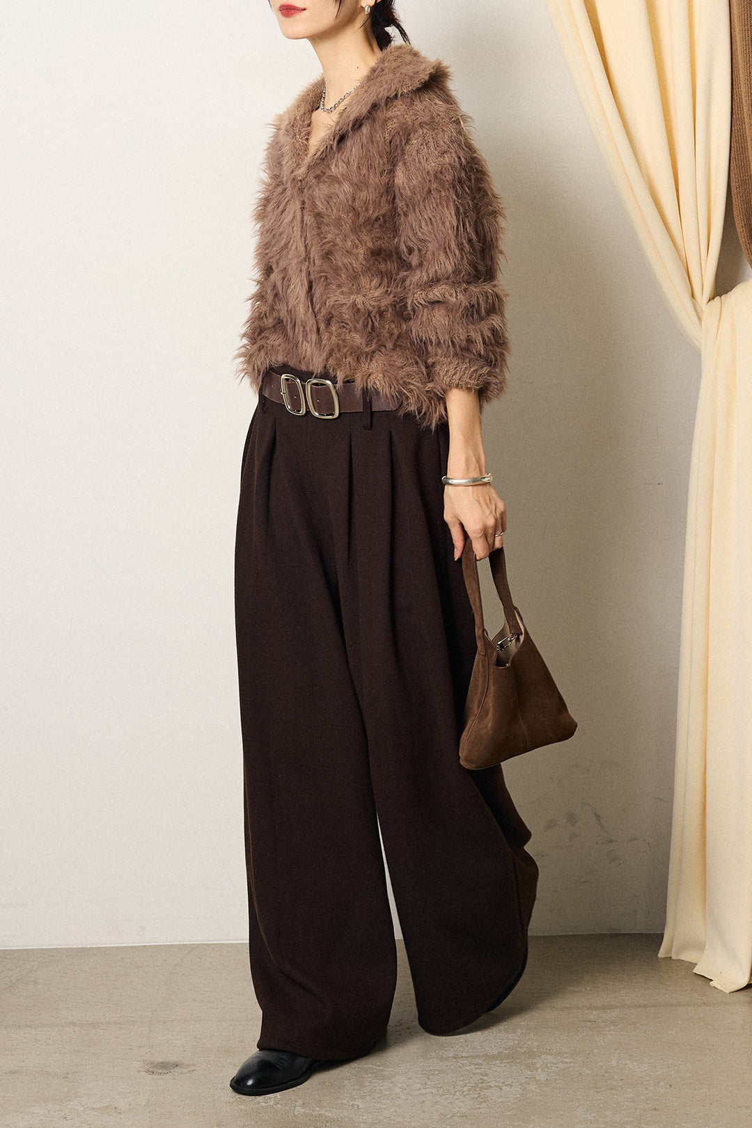 [SET]襟付きシャギーニットカーディガン+フェイクレザー太ベルト付きタックワイドパンツ(2set)