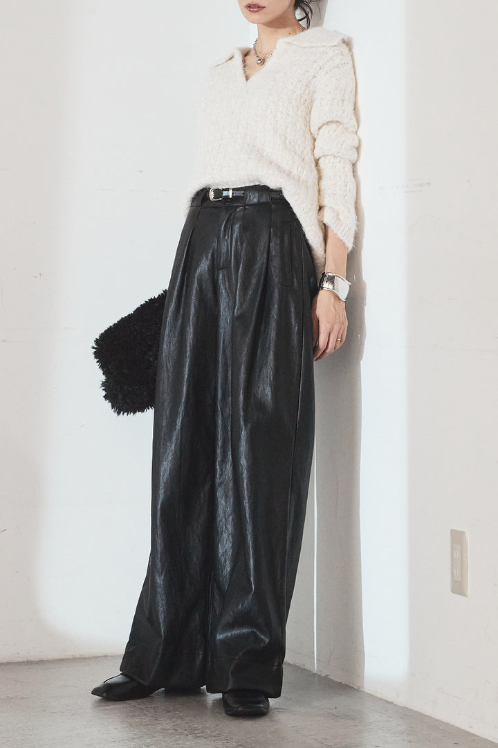 [SET]襟付きVネックニットトップス+ベルト付きレザーライクタックパンツ(2set)