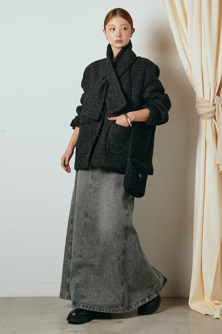 [SET]ノーカラーマフラーバッグ付きアウター+デニムロングフレアスカート(2set)